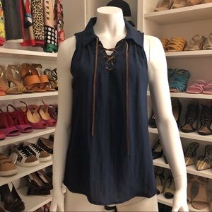 Navy Blue Sleeve Top w/ Faux Suede Lace Up Details